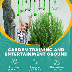 PURE 7-Piece Kids Zip Line Kit for Garden, 10m Kids Slackline Kit with Wooden Monkey Bars, Metal Rings, Gripping Balls, Green