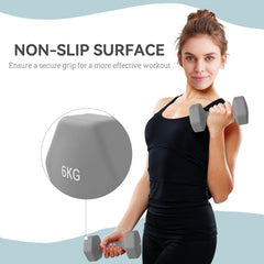 PURE 2 x 6kg Hexagonal Dumbbells Weights Set with Non-Slip Grip for Home Gym Workout, Grey