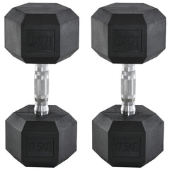 PURE 2x17.5kg Rubber Hex Dumbbell Portable Hand Weights Dumbbell Home Gym Workout Fitness Hand Dumbbell