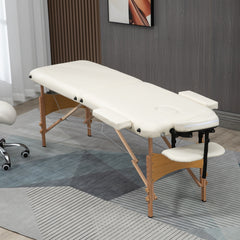 PURE Portable Massage Bed, Folding Spa Beauty Massage Table with 2 Sections, Carry Bag and Wooden Frame, Cream