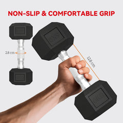 PURE Hex Dumbbell Set with Weights Storage Rack, Rubber Coated Dumbbells, Non-Slip Chrome Handles, Space-Saving for Home Gym Weight Lifting Strength Training, 2 x 2kg, 2 x 5kg, 2 x 8kg