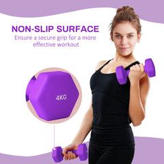 PURE 2 x 4kg Hexagonal Dumbbells Weights Set with Non-Slip Grip for Home Gym Workout, Purple
