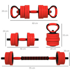 PURE 20kg Four-In-One Adjustable Weight Dumbbells Set, Barbell, Kettlebell, Push Up Stand - Red