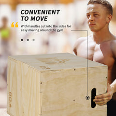 PURE 3-in-1 Wooden Plyo Box, Plyometric Jump Box with Handle Openings for Home Gym, Workout Training, Natural