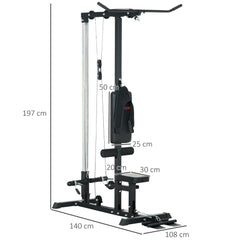 Pull Up Station with Adjustable Seat, Power Tower for Chin up and Lat Pulldown Exercises, Multi-Function Fitness Equipment with Flip-Up Footplate, for Home Gym, Black