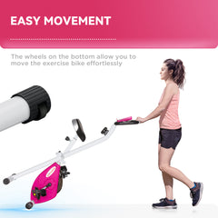 PURE Folding and Quiet Exercise Bike with 8-Level Magnetic Resistance and Heart Rate Sensor, for Home Gym, Pink and White
