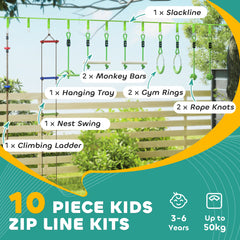 PURE Obstacle course for Kids, with 10-Piece Slackline Kit with Monkey Bars, Gym Rings, Rope Ladder, Nest Swing, Hanging Tray
