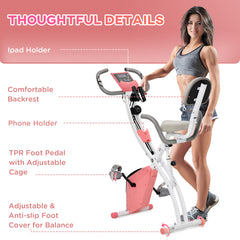 PURE 2-in-1 Folding Exercise Bike with 8-Level Magnetic Resistance, Arm Resistance Band, Pulse Sensor, Pink