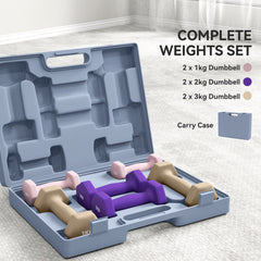 PURE 12kg Hex Dumbbells Set of 6, Hand Weights with Carry Case for Home Gym Strength Training, 2 x 1kg, 2 x 2kg, 2 x 3kg