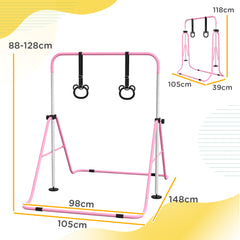 PURE Adjustable Height, Foldable Kids Gymnastics Bar w/ Non-slip Rubber Floor Rings, for 3+ Years, Pink