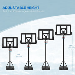 PURE Height Adjustable Basketball Stand Net Set System, Freestanding Basketball Hoop and Stand w/ Wheels, 200-305cm - Black