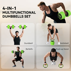 PURE 20kg Four-In-One Adjustable Weight Dumbbells Set, Barbell, Kettlebell, Push Up Stand - Green