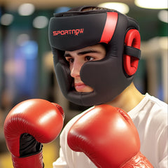 PURE Boxing Headguard w/ Adjustable Strap for Sparring, Kickboxing, MMA, Red/Black