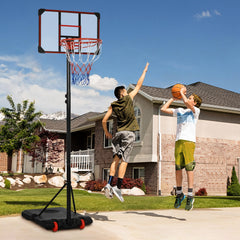 PURE Height Adjustable Basketball Hoop and Stand with Firm Backboard and Weighted Base, Portable on Wheels, Red