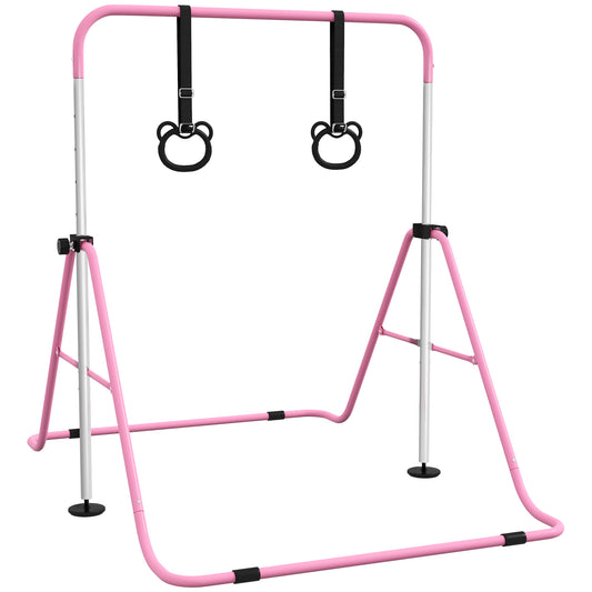 PURE Adjustable Height, Foldable Kids Gymnastics Bar w/ Non-slip Rubber Floor Rings, for 3+ Years, Pink