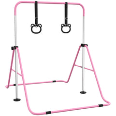 PURE Adjustable Height, Foldable Kids Gymnastics Bar w/ Non-slip Rubber Floor Rings, for 3+ Years, Pink