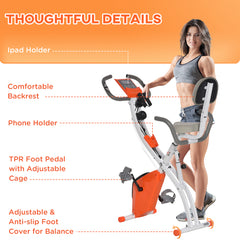 PURE 2-in-1 Folding Exercise Bike with 8-Level Magnetic Resistance, Arm Resistance Band, Pulse Sensor, Orange