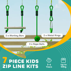 PURE 7-Piece Kids Zip Line Kit for Garden, 10m Kids Slackline Kit with Wooden Monkey Bars, Metal Rings, Gripping Balls, Green