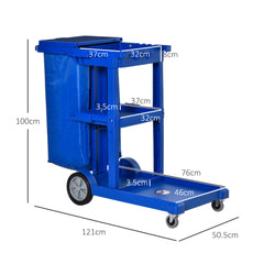 PURE Janitor Cleaning Trolley, with Bin, Shelves and Hooks - Blue