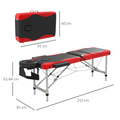 PURE Foldable Massage Bed Portable Table, 3-Section Aluminium Foldable Beauty Couch, Professional Salon Spa Table with Headrest Support and Carry Bag, 60 cm Width, Black and Red
