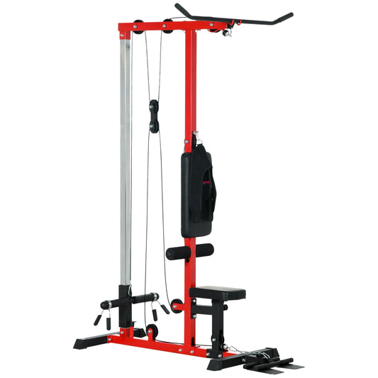 Pull Up Station with Adjustable Seat, Power Tower for Chin up and Lat Pulldown Exercises, Multi-Function Fitness Equipment with Flip-Up Footplate, for Home Gym, Red