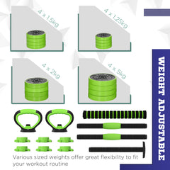 PURE 40kg Four-In-One Adjustable Weight Dumbbells Set, Barbell, Kettlebell, Push Up Stand - Green