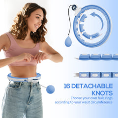 PURE Smart Weighted Hula Hoop, Massage Hula Ring w/ 16 Detachable Knots, 360° Auto-Rotating Ball, Digital Counter Light Blue