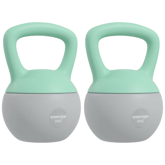 PURE 2 x 6kg Soft Kettlebell, Kettle Bell with Non-Slip Handle, for Home Gym, Strength Training, Cardio - Grey and Green