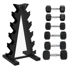 PURE 5-Tier Dumbbell Rack with 6 Hexagonal Rubber Dumbbells (2x4kg, 2x5kg, 2x6kg), Dumbbell Storage Stand Holder with Weights Sets for Home Gym Fitness, Black