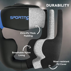PURE Boxing Headguard w/ Adjustable Strap for Sparring, Kickboxing, MMA, Blue/Black