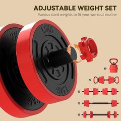 PURE 30kg Four-In-One Adjustable Weight Dumbbells Set, Barbell, Kettlebell, Push Up Stand - Red