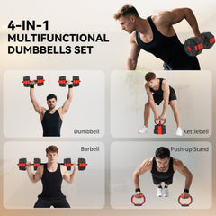 PURE 4-in-1 Adjustable Weight Dumbbells Set, Used as Kettlebell, Barbell, Dumbbell, Push-Up Stand, 30kg Free Weights Set for Men and Women Home Gym Training, Red