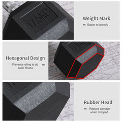 PURE 2x17.5kg Rubber Hex Dumbbell Portable Hand Weights Dumbbell Home Gym Workout Fitness Hand Dumbbell