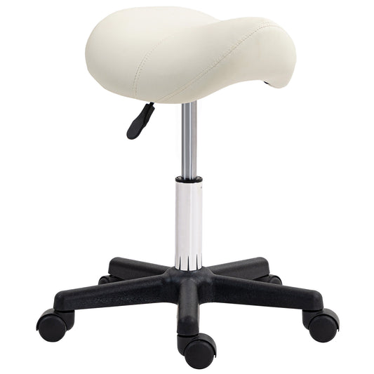 PURE Saddle Stool, PU Leather Adjustable Rolling Salon Chair with Steel Frame for Massage, Spa, Beauty and Tattoo, White