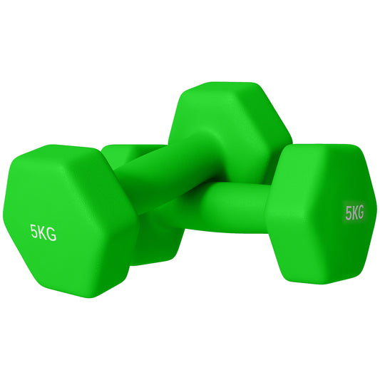 PURE 2 x 5kg Hexagonal Dumbbells Weights Set with Non-Slip Grip for Home Gym Workout, Green