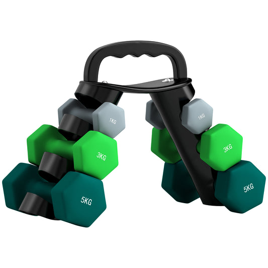 PURE Dumbbells Set with Storage Rack, 2 x 1kg, 2 x 3kg, 2 x 5kg, Grey