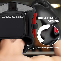 PURE Boxing Headguard w/ Adjustable Strap for Sparring, Kickboxing, MMA, Red/Black