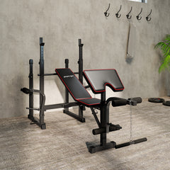 PURE Weight Bench with Two Barbell Racks, Leg Curl Machine, Preacher Curl Bench, Black