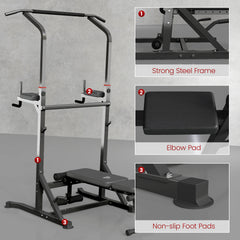 PURE Pull Up Station with Adjustable Weight Bench, Dip Station and Barbell Rack, Multi-Function Power Tower Free Standing Pull Up Bar for Home Gym