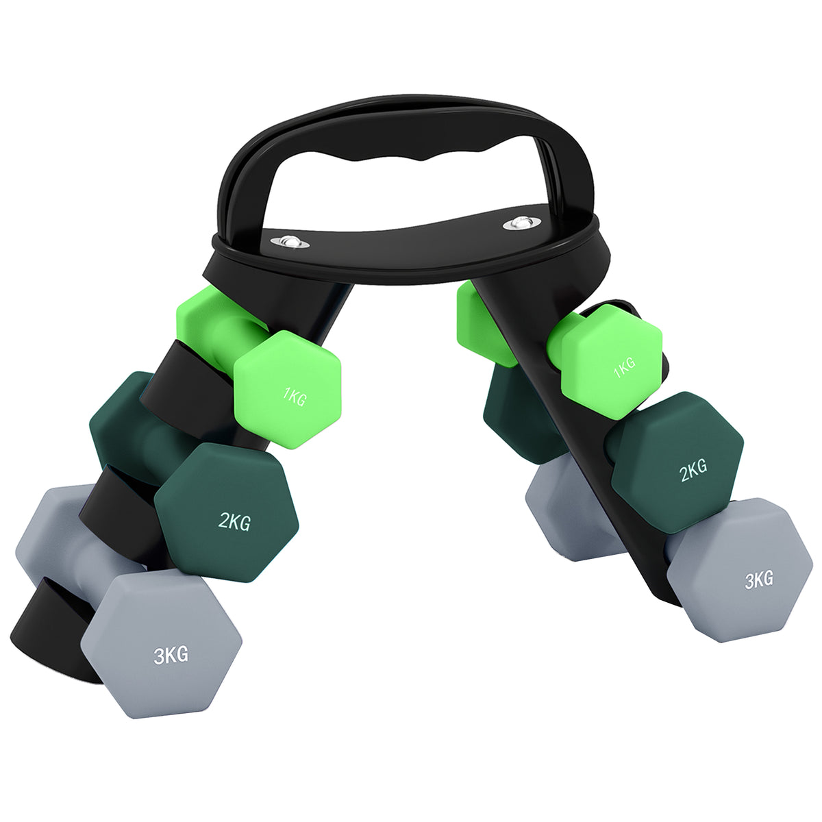 PURE Dumbbells Set with Storage Rack, 2 x 1kg, 2 x 2kg, 2 x 3kg, Green