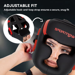 PURE Boxing Headguard w/ Adjustable Strap for Sparring, Kickboxing, MMA, Red/Black