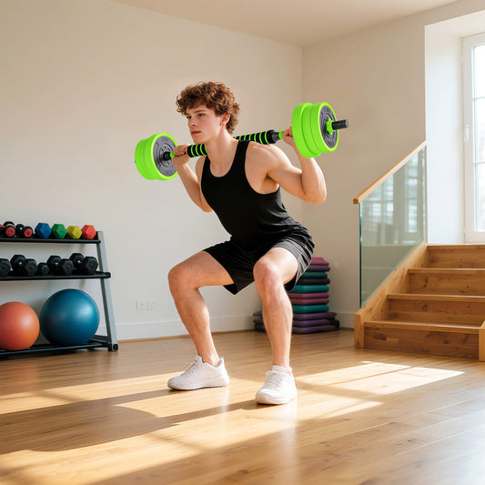 PURE 20kg Four-In-One Adjustable Weight Dumbbells Set, Barbell, Kettlebell, Push Up Stand - Green