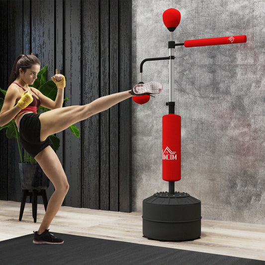 PURE 4-in-1 Boxing Punching Bag, Freestanding with 2 Speed Bals, 360° Reflex Bar, 160-230cm Adjustable Height, Red