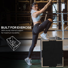 3-in-1 Wooden Plyo Box, Anti-Slip Plyometric Jump Platform, Step up Exercise Box w/ Handle Openings for Home Gym Training