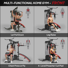 PURE Multi Gym Workout Station, Weight Machine with 65kg Weight Stack, Sit Up Bench, Push Up Stand, Dip Station