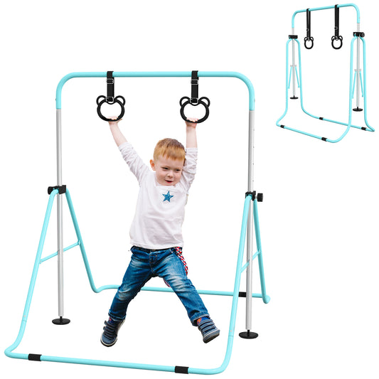 PURE Adjustable Height, Foldable Kids Gymnastics Bar w/ Non-slip Rubber Floor Rings, for 3+ Years, Green