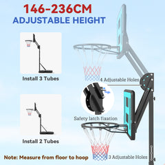 PURE Fully Adjustable Basketball Hoop Outdoor, 146-236cm Basketball Hoop and Stand with Weighted Base and Shatterproof Backboard, Portable on Wheels for Junior, Adults