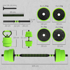 PURE 30kg Four-In-One Adjustable Weight Dumbbells Set, Barbell, Kettlebell, Push Up Stand - Green