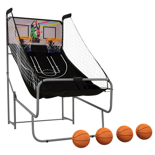 PURE Foldable Double-Hoop Basketball Arcade Game, with Eight Modes, Four Basketballs, Electronic Scoreboard, Sound Effects