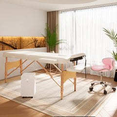 PURE Portable Massage Bed, Folding Spa Beauty Massage Table with 2 Sections, Carry Bag and Wooden Frame, Cream